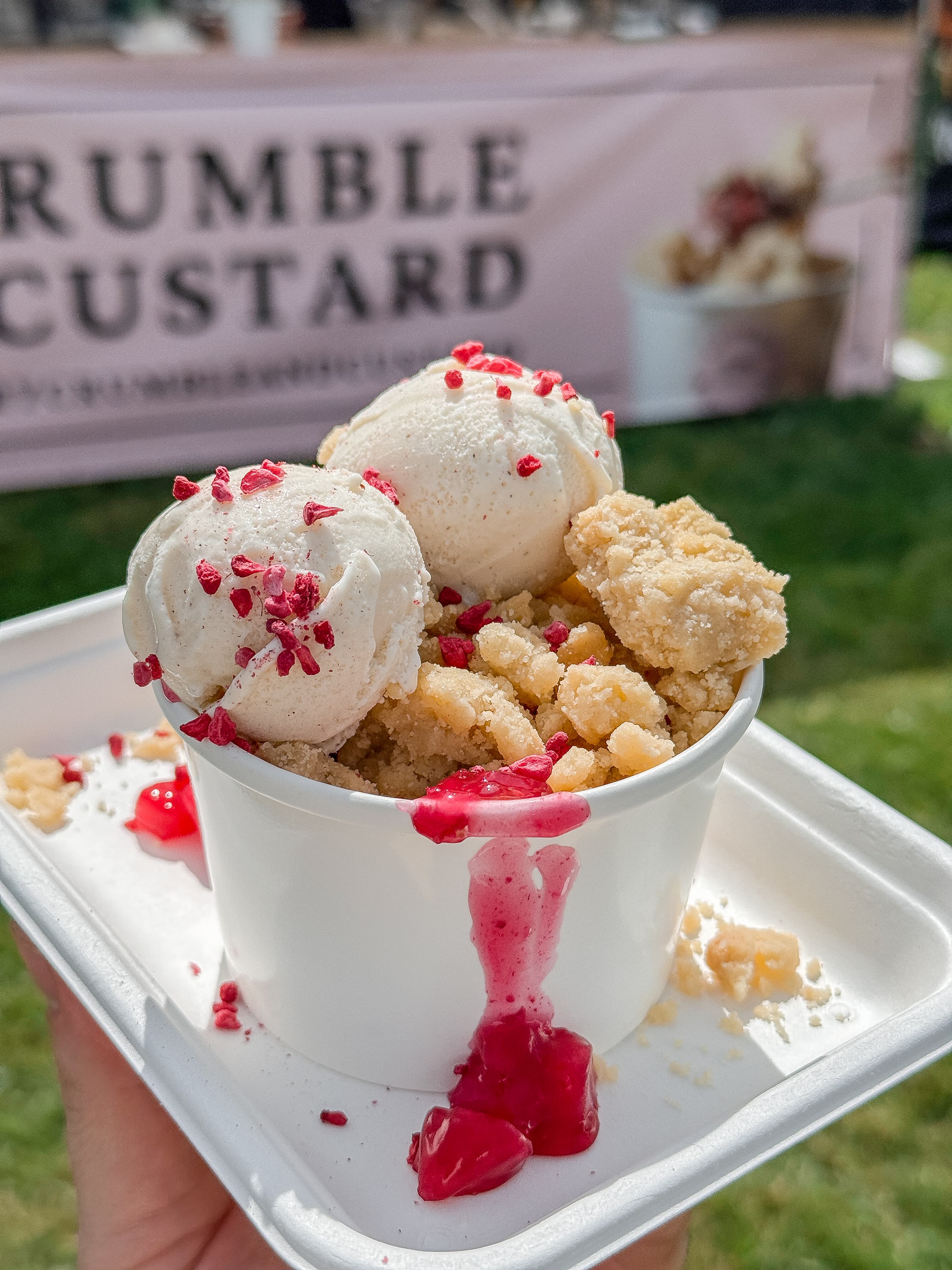 Hot crumble topped with a scoop of vanilla ice cream